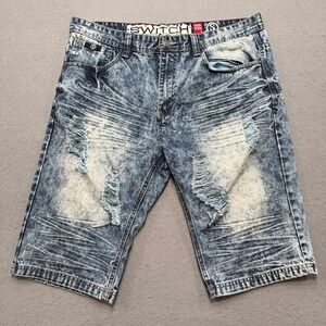Switch Jean Shorts Men's 38 Blue Acid Wash Distressed Ripped Streetwear Hip Hop